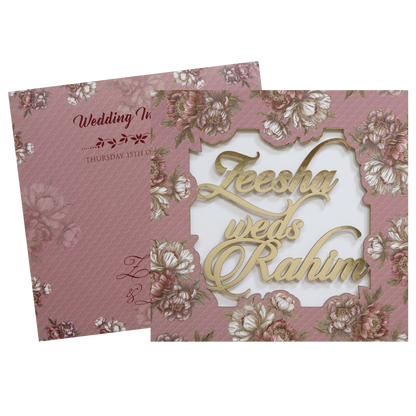 Pink Floral Script Acrylic Padded Wedding Card - KVN07510