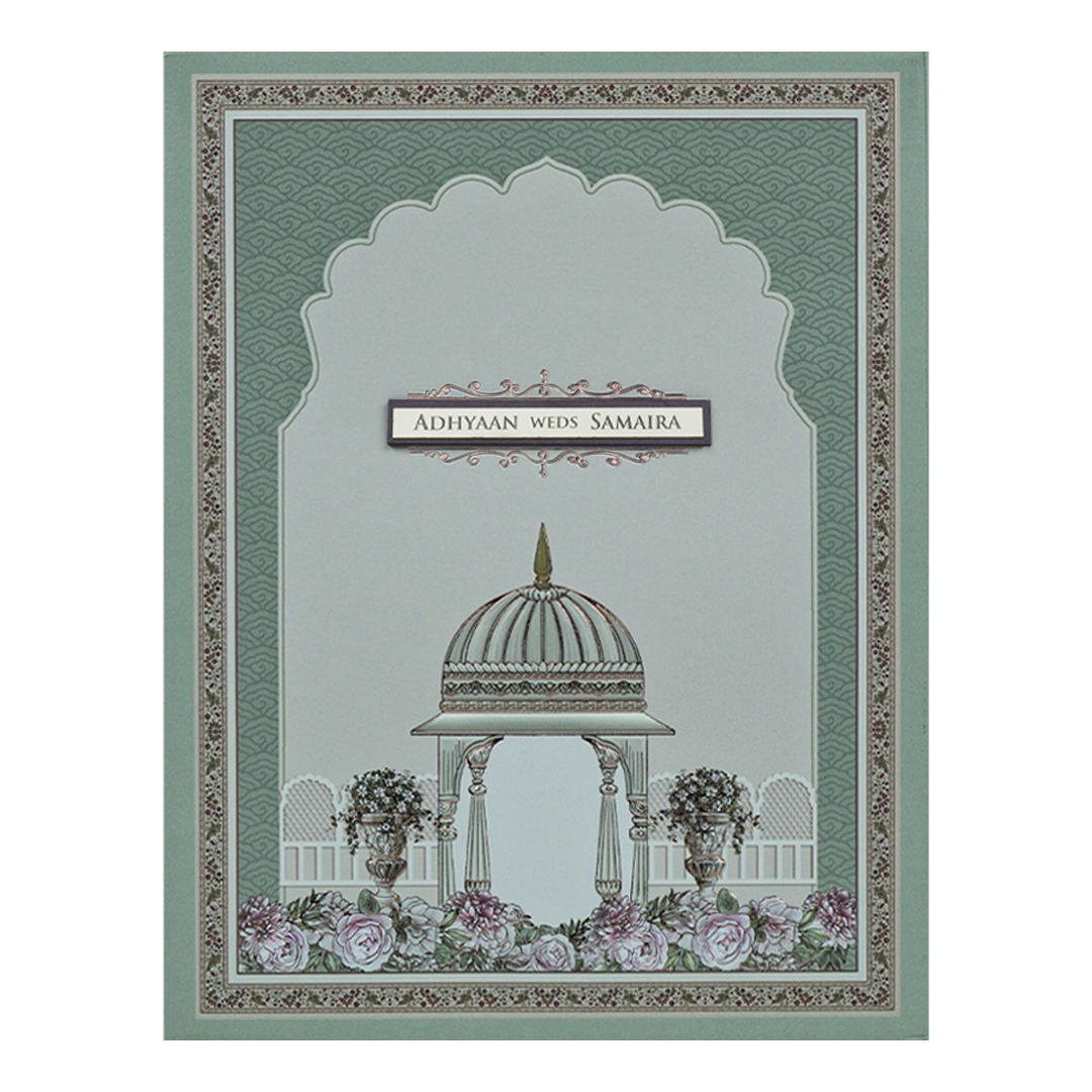 Grey Padded Floral Palace Wedding Card-KRC31040