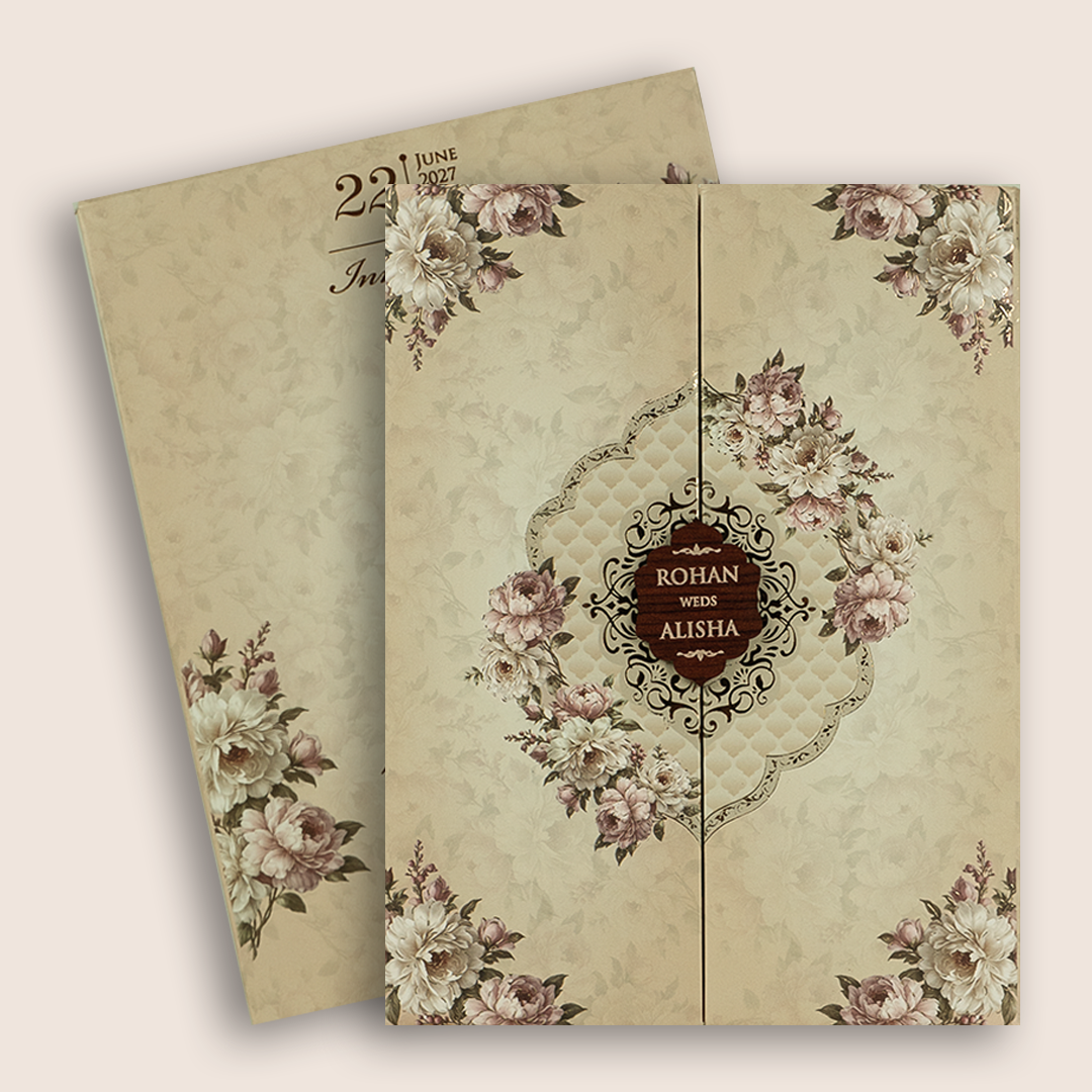 Beige Floral Door Style Padded Wedding Invitation - KFR17330