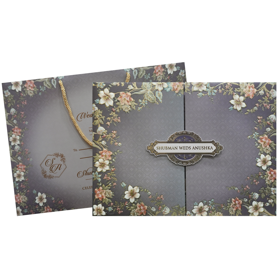 Purple Floral Doorstyle Bag Wedding Card-KRB09590