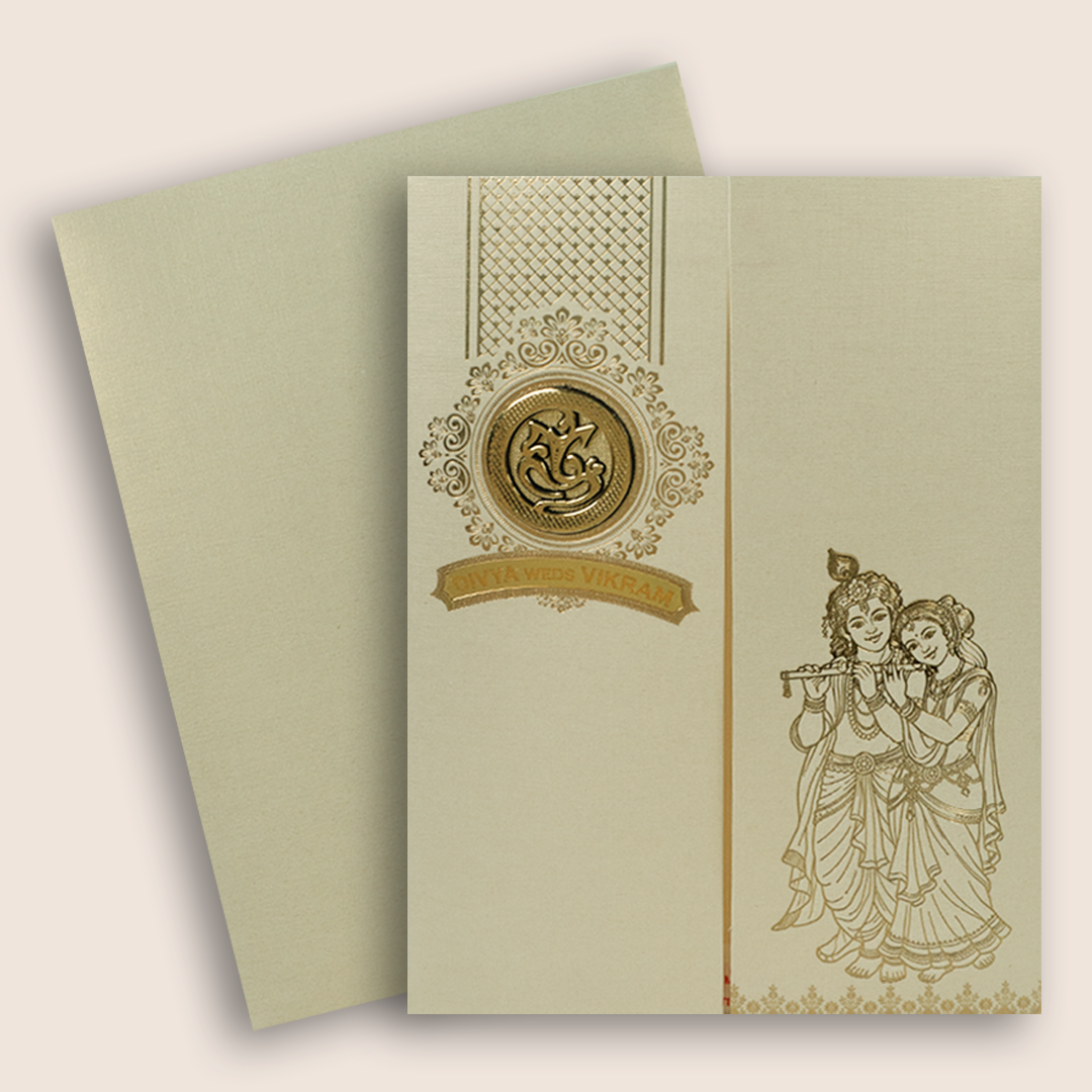 Cream Lord Radha Krishna Door Style Wedding Card - KNRM8709H