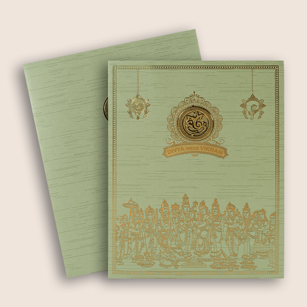 Green Lord Srinivasa Kalyanam Wedding Card - KNKR5039N