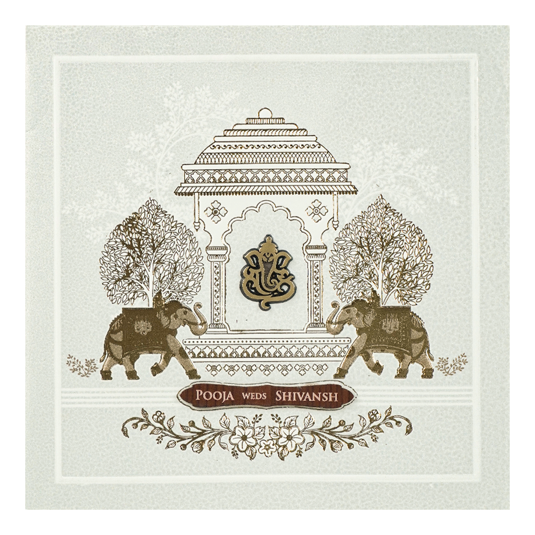 White Ganesha Elephant Wedding Card-KRE27740