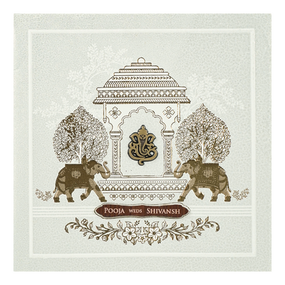 White Ganesha Elephant Wedding Card-KRE27740