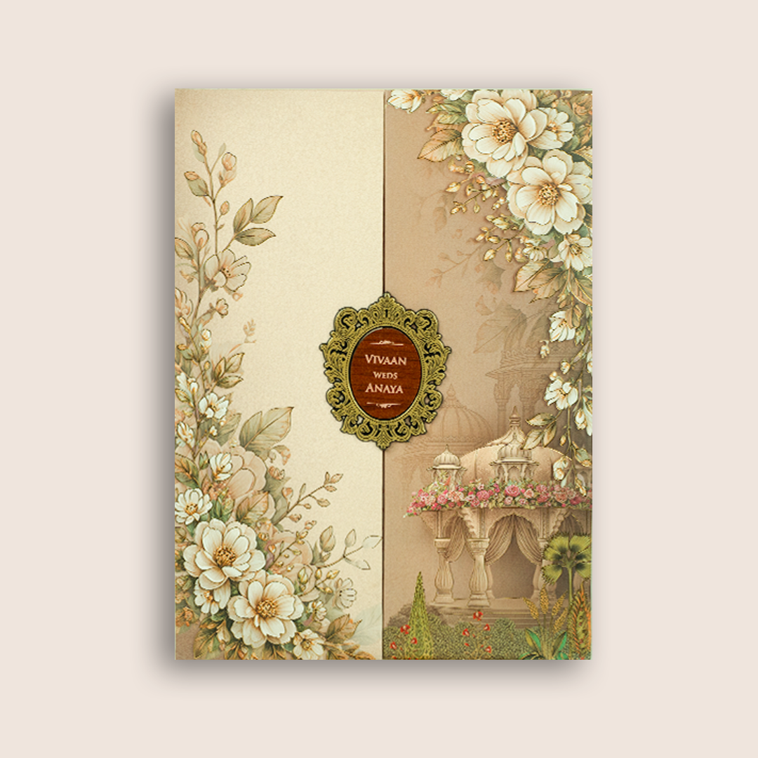 Pastel Brown Floral Door Style Padded Wedding Invitation - KSH27070