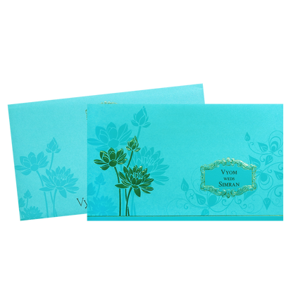 Blue Gold Embossed Lotus Wedding Invitation Card-KPR06340