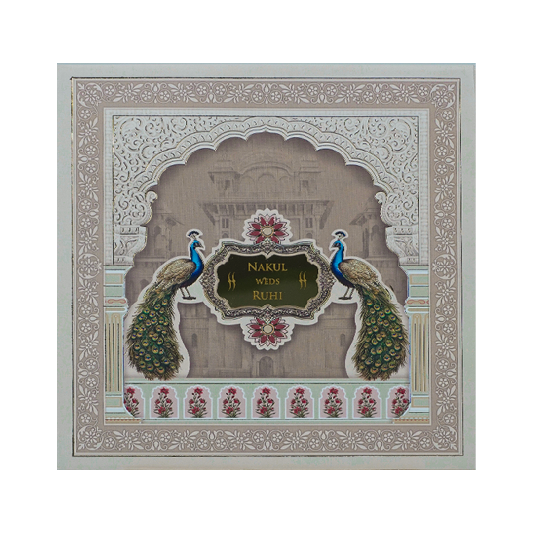 Royal Arch Peacock Padded Wedding Card-KRE27930