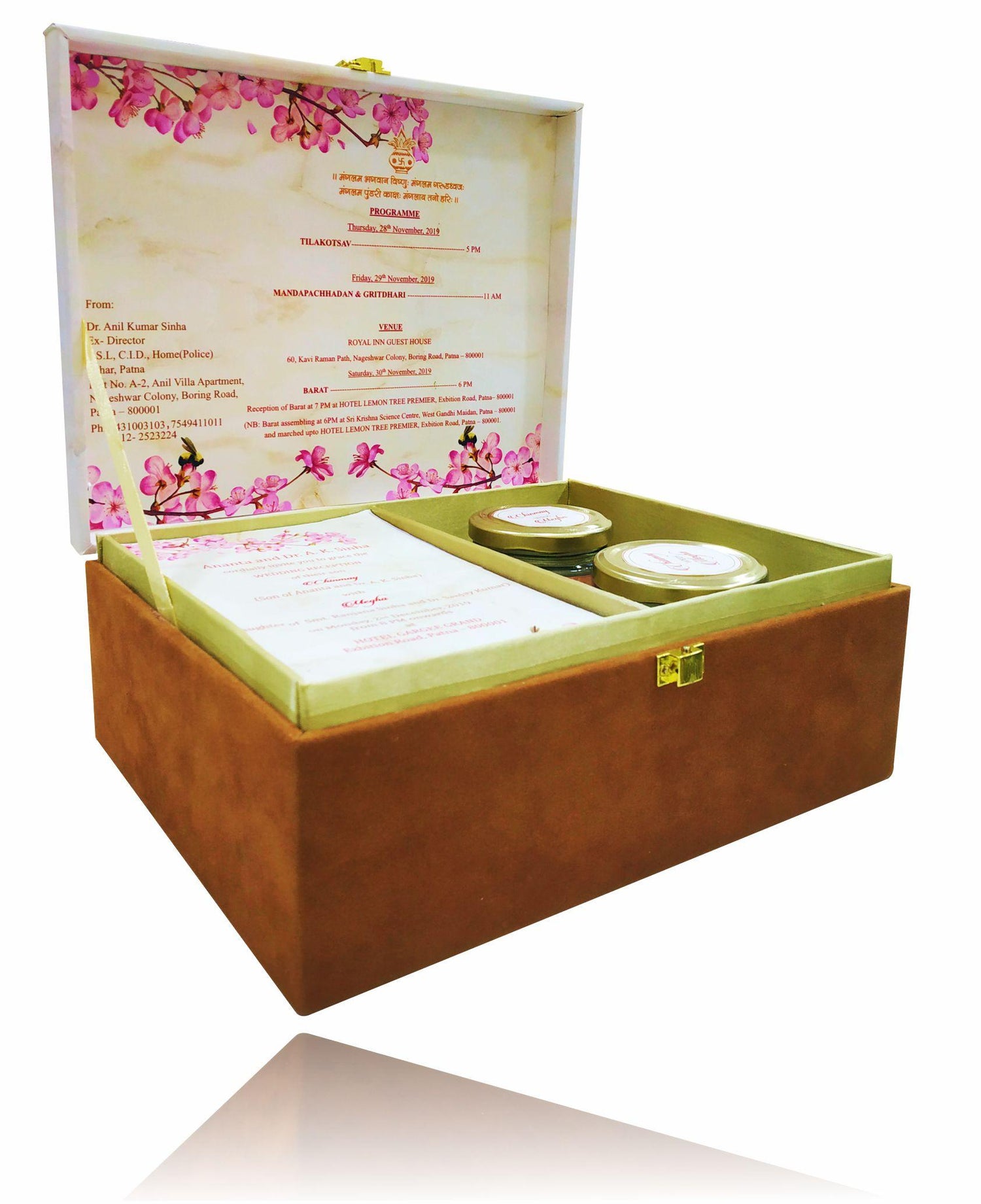 Pink And Brown Velvet Ultra Premium Box Invitation Card-KNKUP027