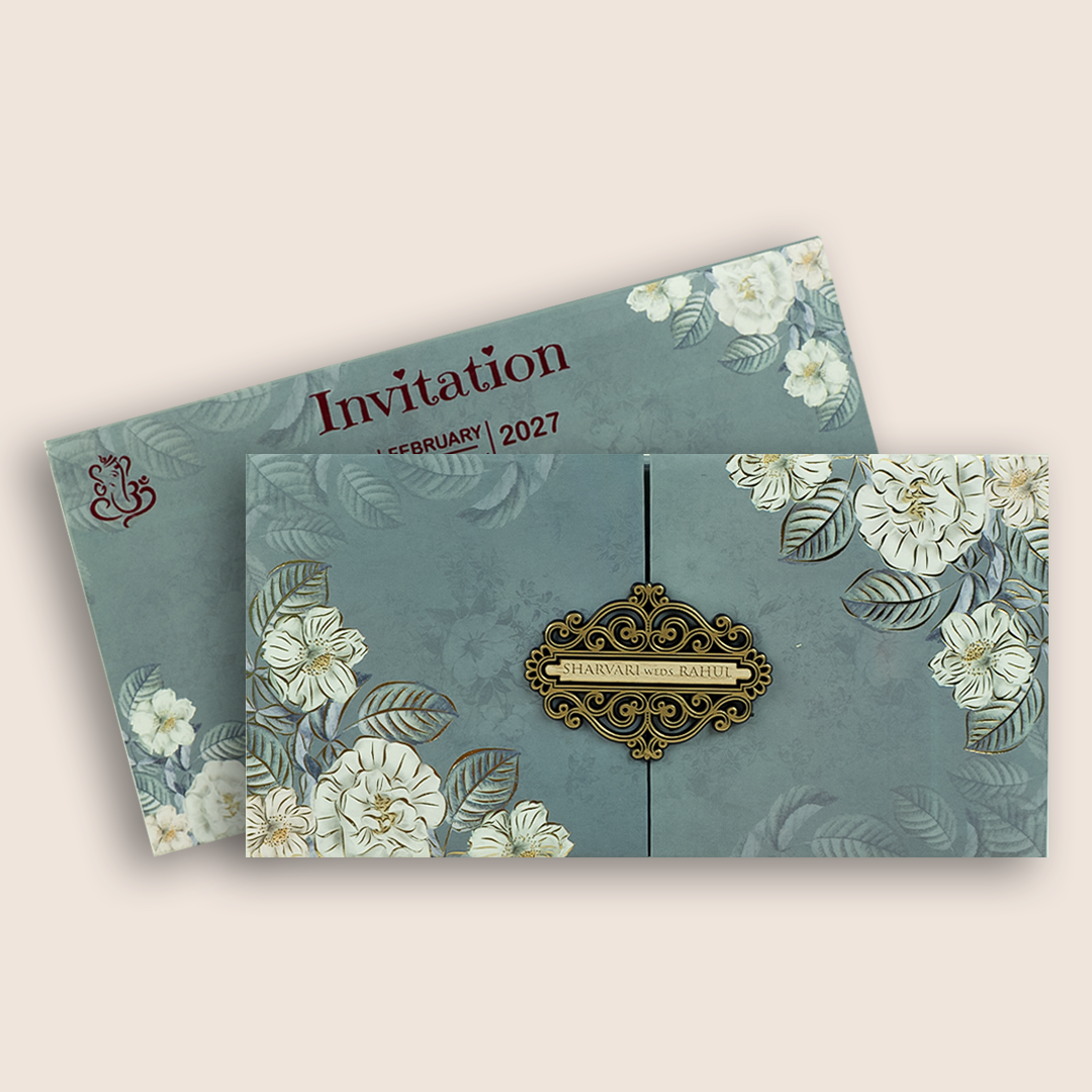 Pastel Blue Floral Padded Door Style Wedding Card - KVN06860