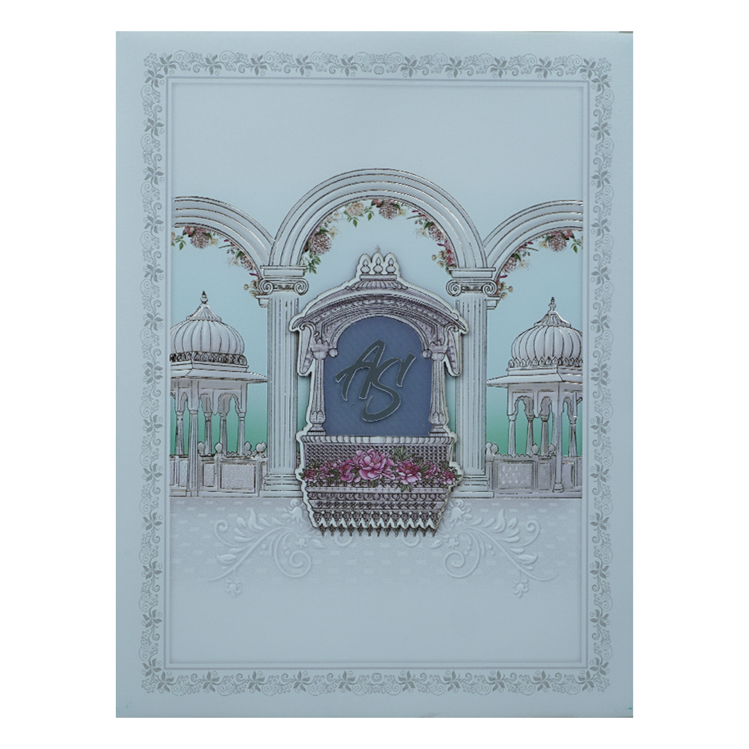 Blue Padded Floral Palace Wedding Card-KRC31030