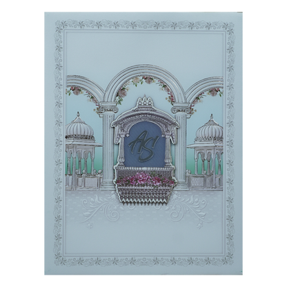 Blue Padded Floral Palace Wedding Card-KRC31030