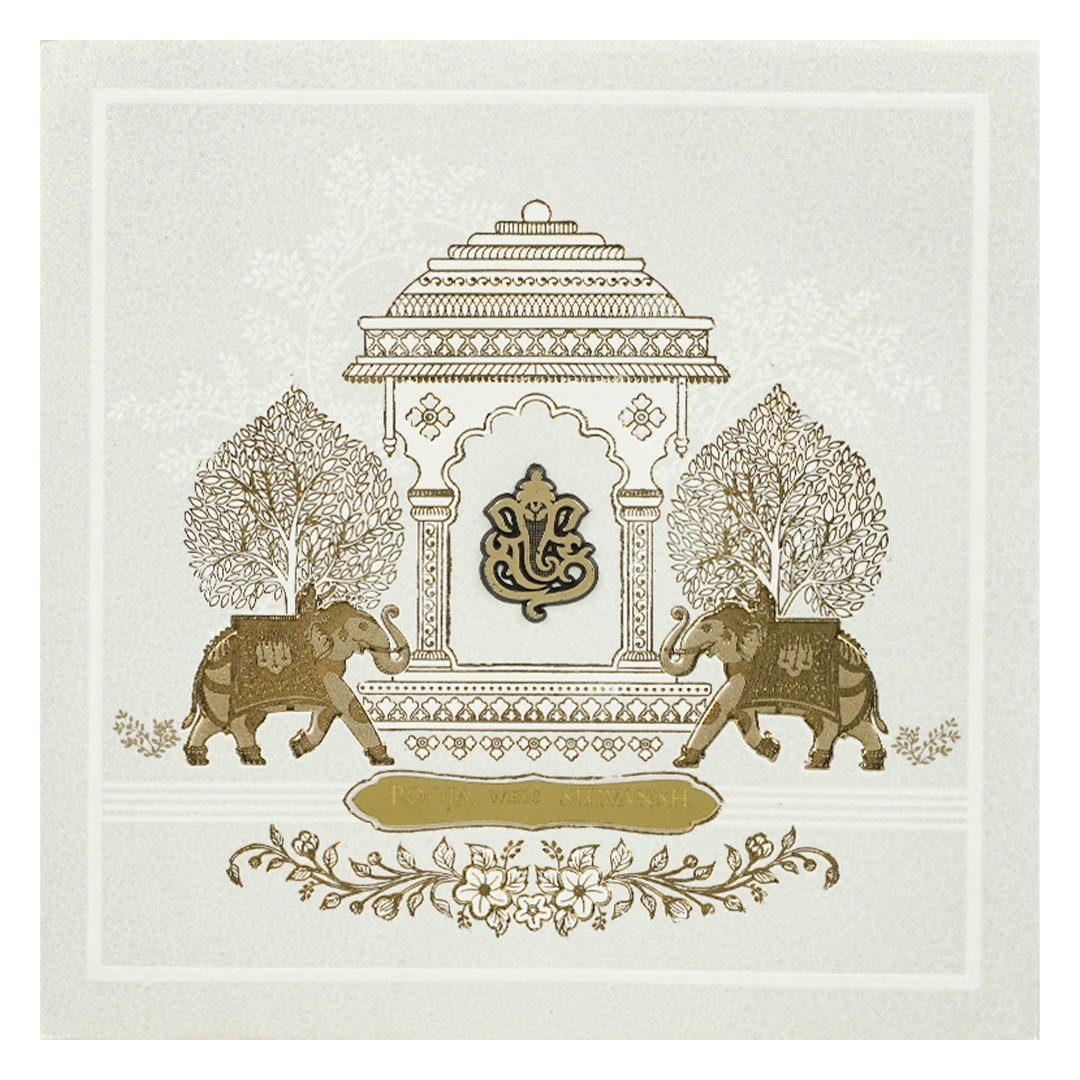 White Ganesha Palace Padded Wedding Card-KRE27550