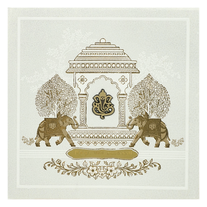 White Ganesha Palace Padded Wedding Card-KRE27550