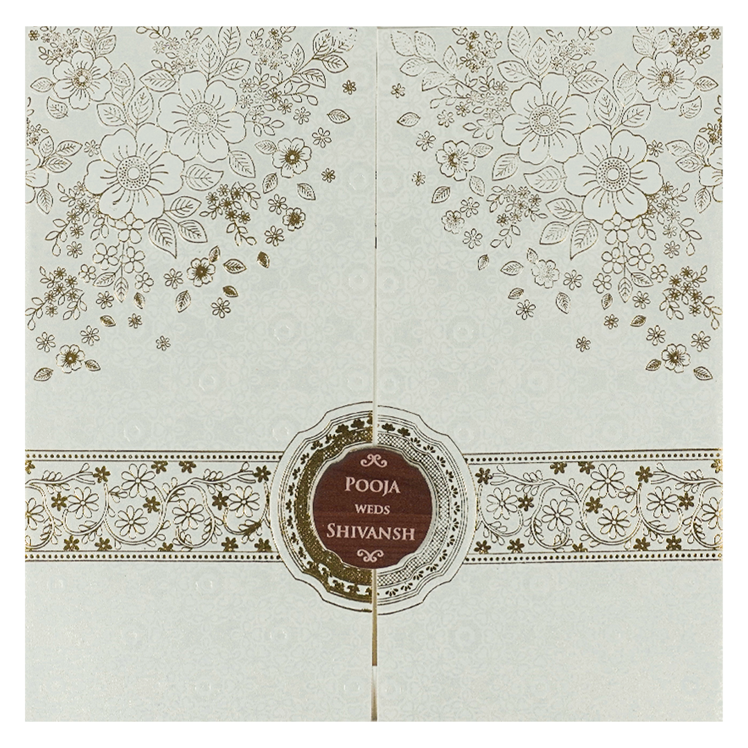White Floral Gold Band Medallion Wedding Card-KRE27010