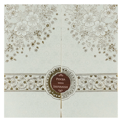 White Floral Gold Band Medallion Wedding Card-KRE27010