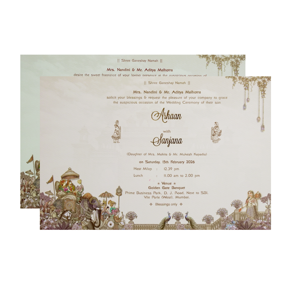 Green Laser Cut Padded Royal Procession Wedding Card - KMMEX8140