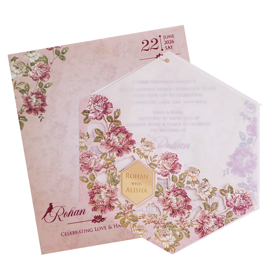 Pink Floral Parrot Laser Cut Wedding Card - KFR15170