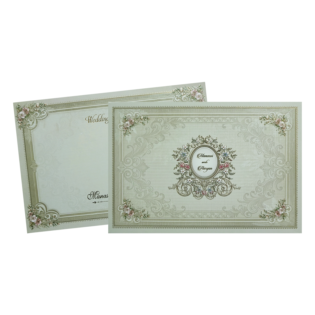 Classic Green Ornate Floral Padded Wedding Card-KMMWD1141