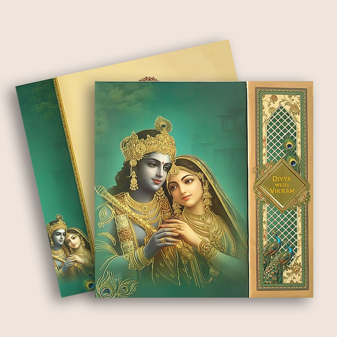 Green Padded Radha Krishna Wedding Card - KNAM4904