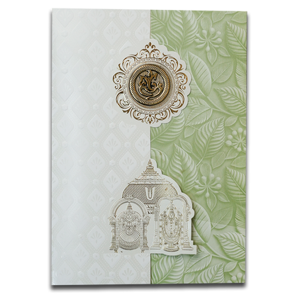 White Pastel Green Ganesha Temple Wedding Card-KNA2401G
