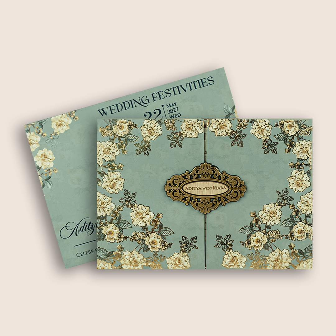 Pastel Blue Floral Door Style Padded Wedding Card - KFR16400