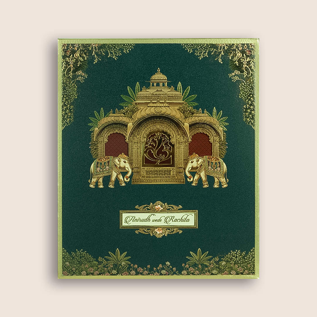 Green Elephant Jharokha Padded Wedding Card - KAA05840