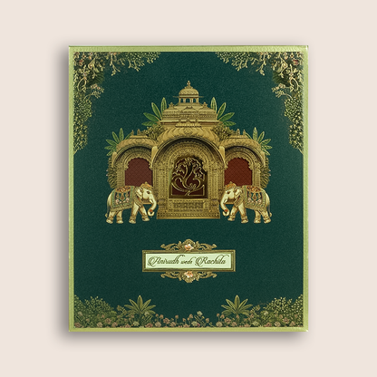 Green Elephant Jharokha Padded Wedding Card - KAA05840