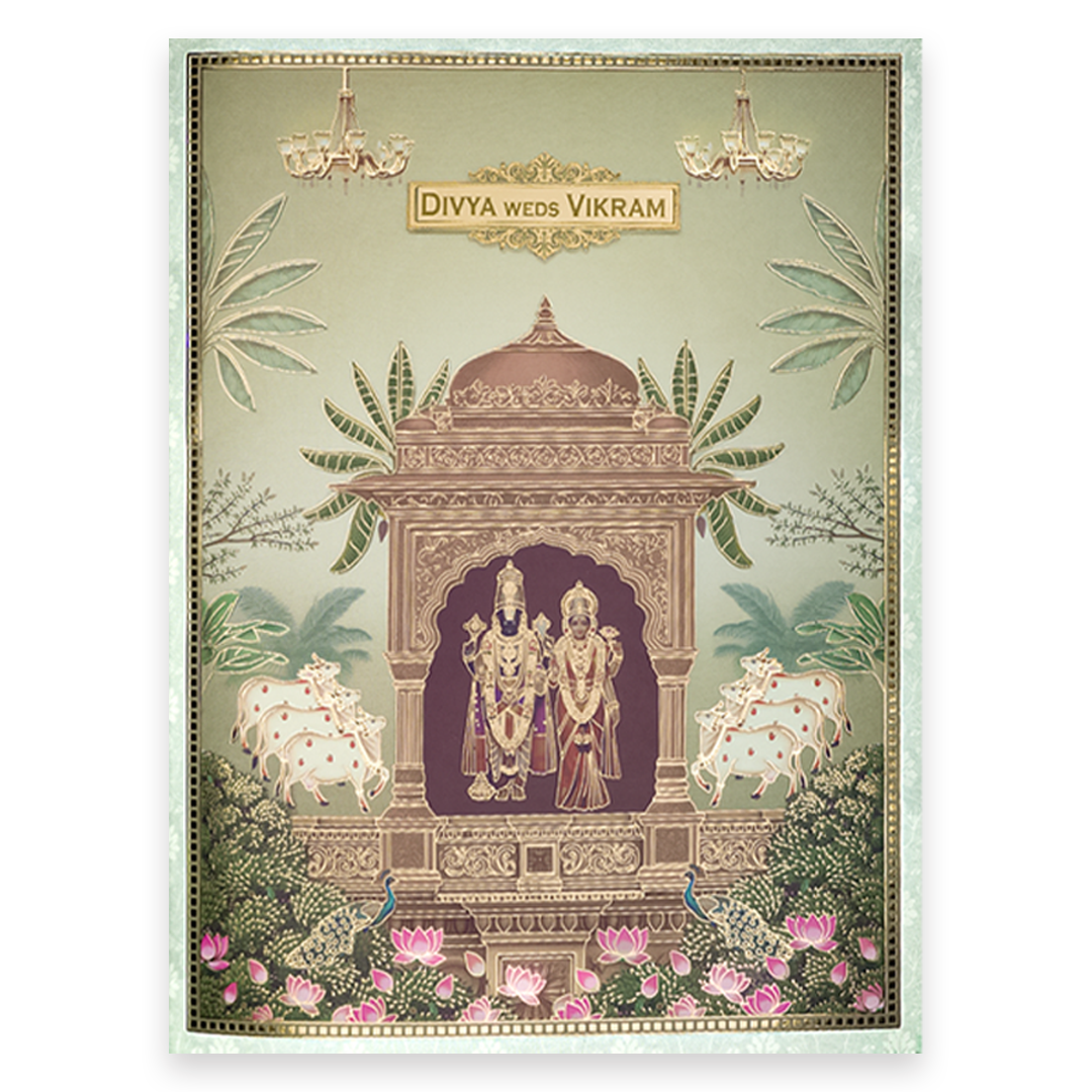 Green Floral Lord Balaji Padmavathi Wedding Card-KNKJ1158