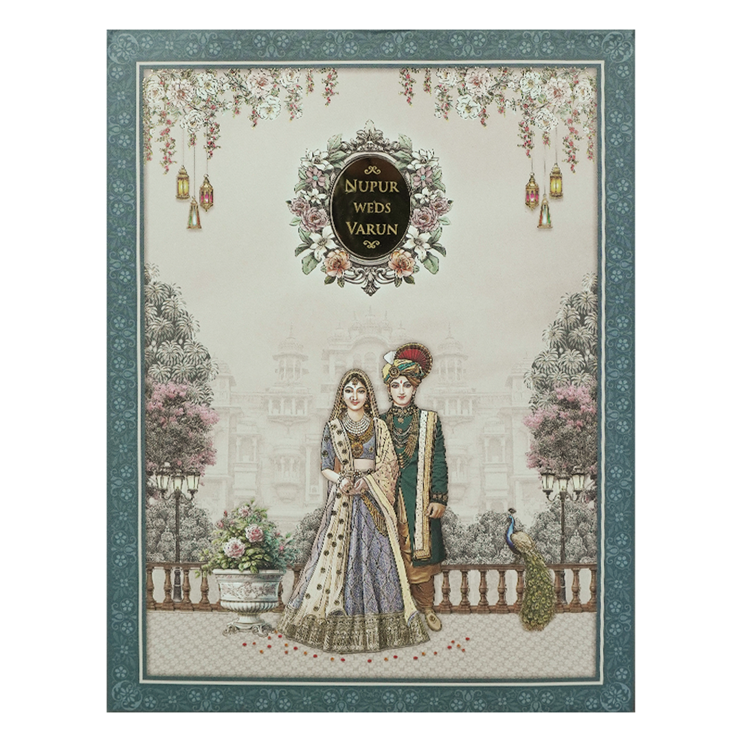 Blue Royal Couple Padded Wedding card-KRE28040