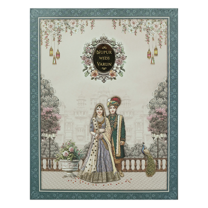 Blue Royal Couple Padded Wedding card-KRE28040
