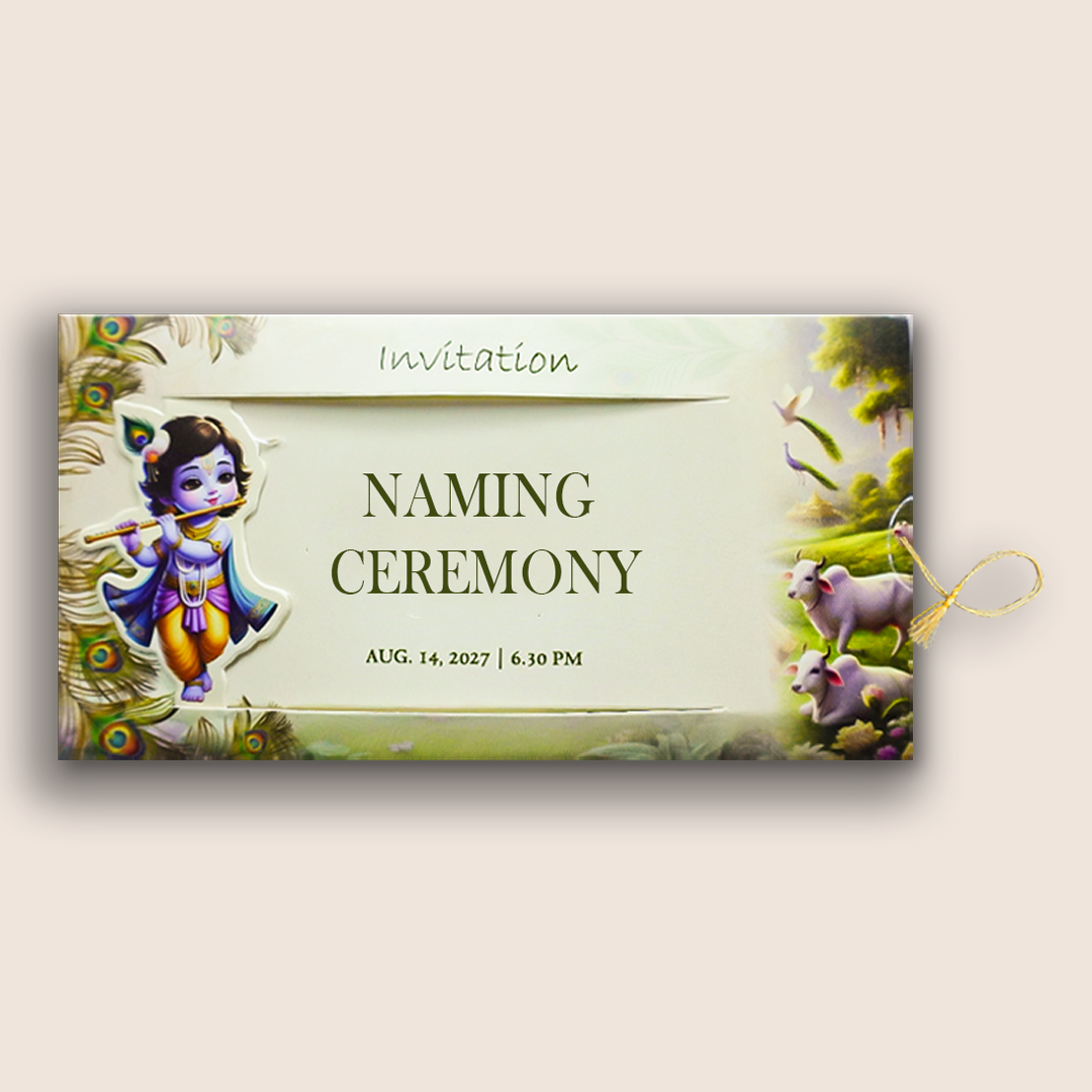 Green Lord Krishna Invitation Card-KNKRL115