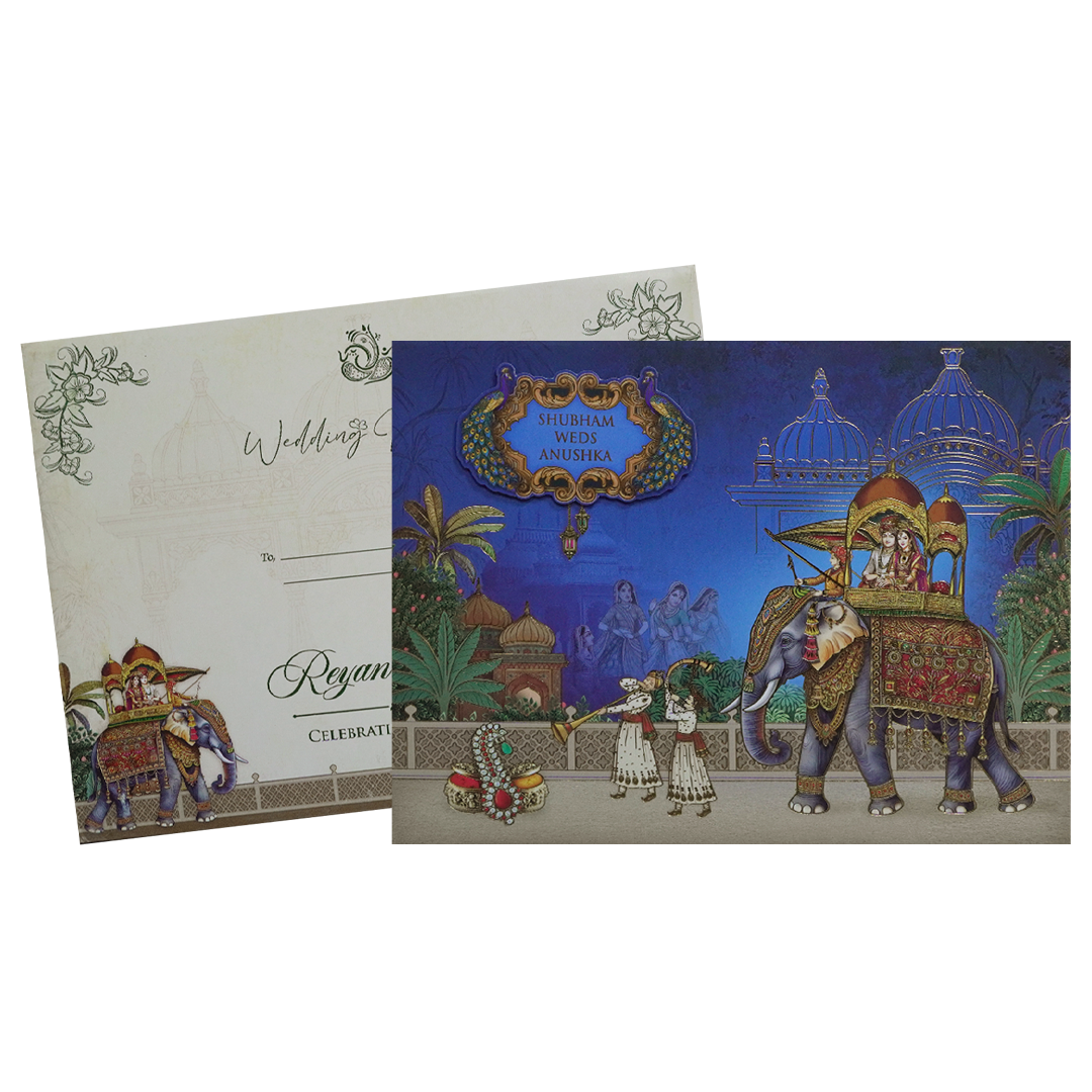 Blue Royal Elephant Padded Wedding Card - KSH73090