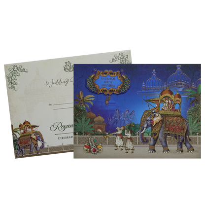 Blue Royal Elephant Padded Wedding Card - KSH73090