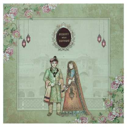 Green Floral Couple Palace Padded Wedding Card-KJTS1820