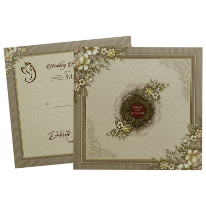 Beige &amp; Green Floral Padded Wedding Card-KSH72690