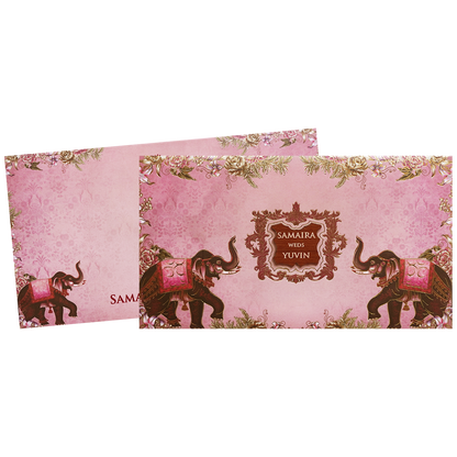 Pink Royal Elephant Floral Padded Wedding Card - KVN07470