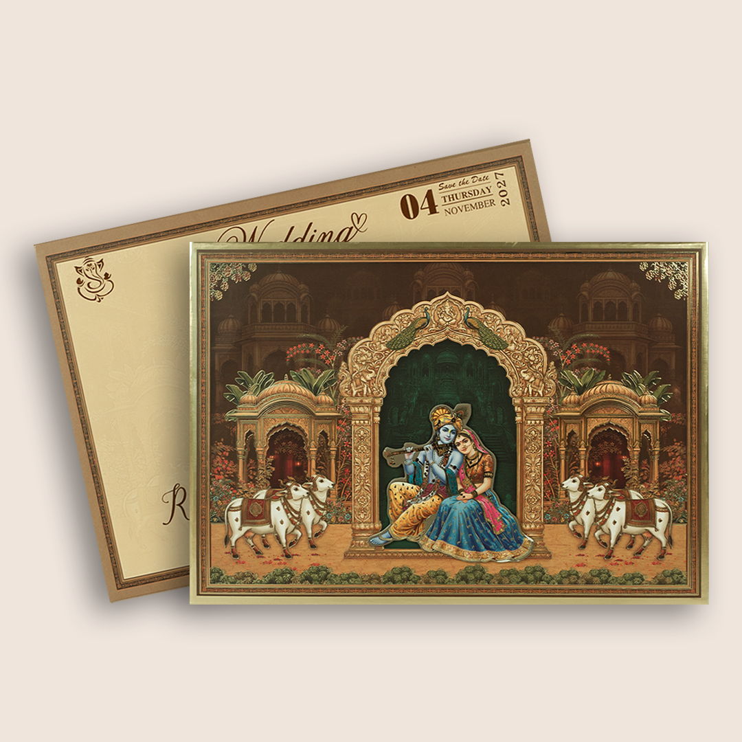 Brown Radha Krishna Padded Wedding Invitation Card - KSH18220