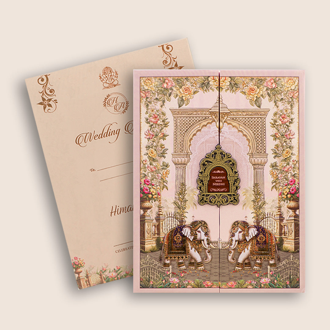 Pink Floral Elephant Padded Door Style Wedding Card - KSH73740