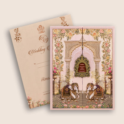 Pink Floral Elephant Padded Door Style Wedding Card - KSH73740