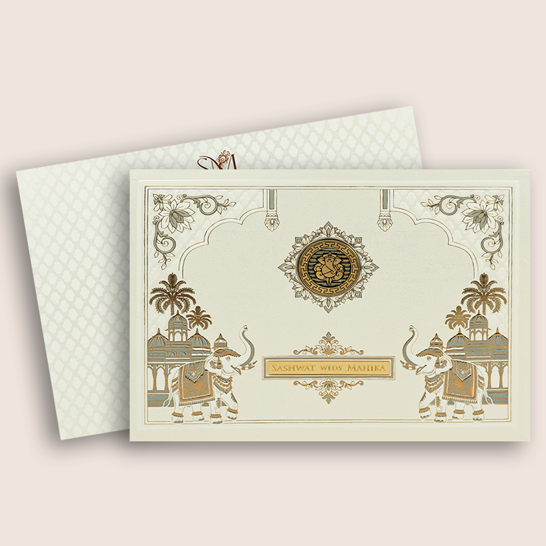 White Embossed Floral Elephant Padded Wedding Card - KRE29230