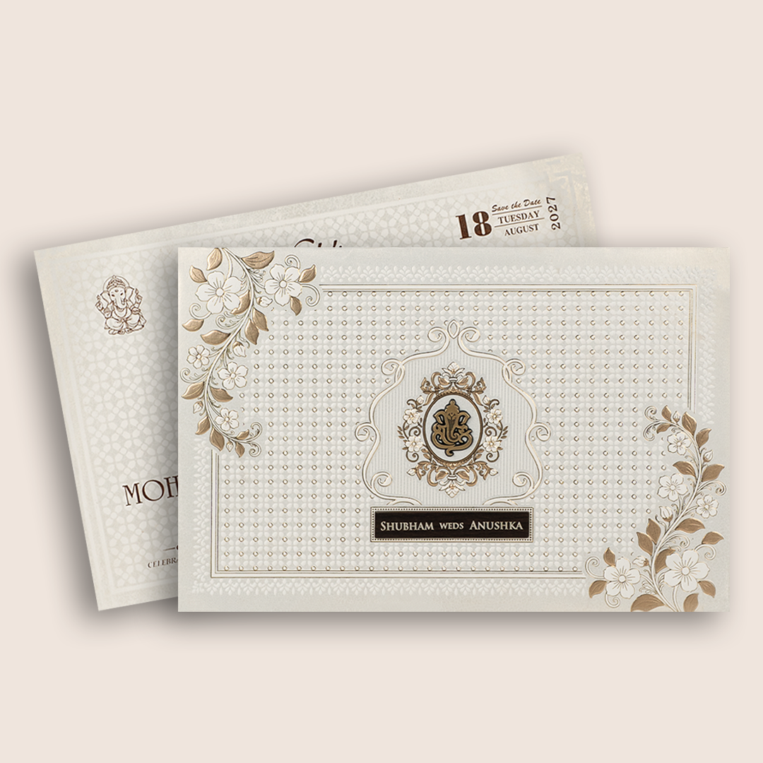 White Floral Padded Wedding Invitation Card - KSH27240