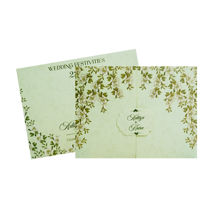Floral Golden Green Openable Wedding Card - KFR16440