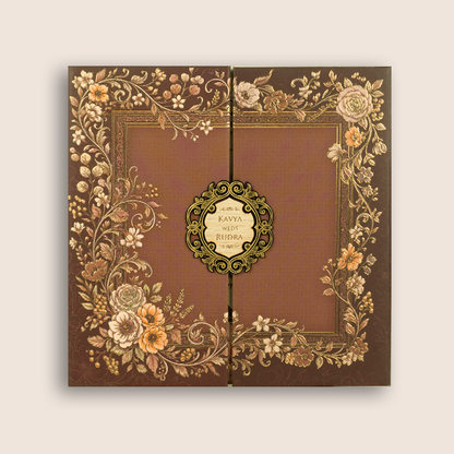 Brown Embossed Floral Door Style Padded Wedding Card - KSH18720