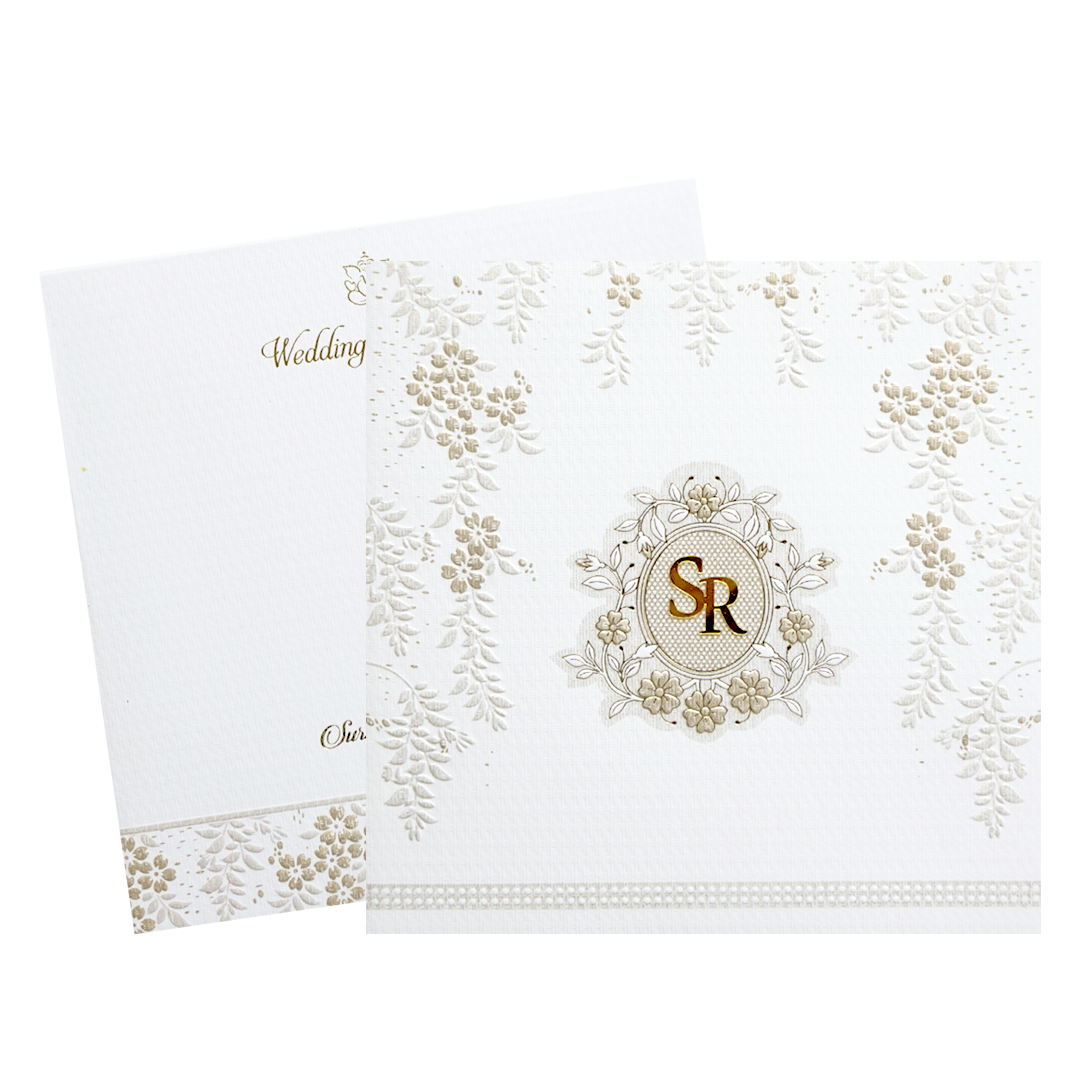 White Floral Embossed Padded Classic Wedding Card - KMMWD1102