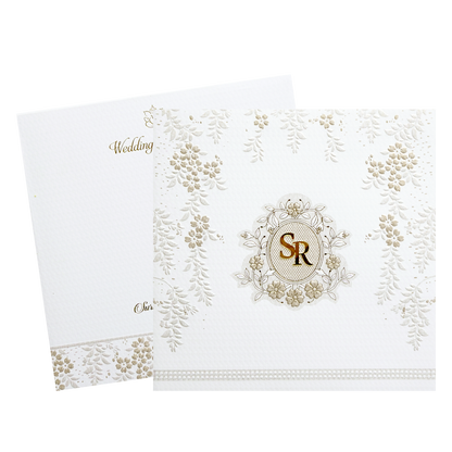 White Floral Embossed Padded Classic Wedding Card - KMMWD1102