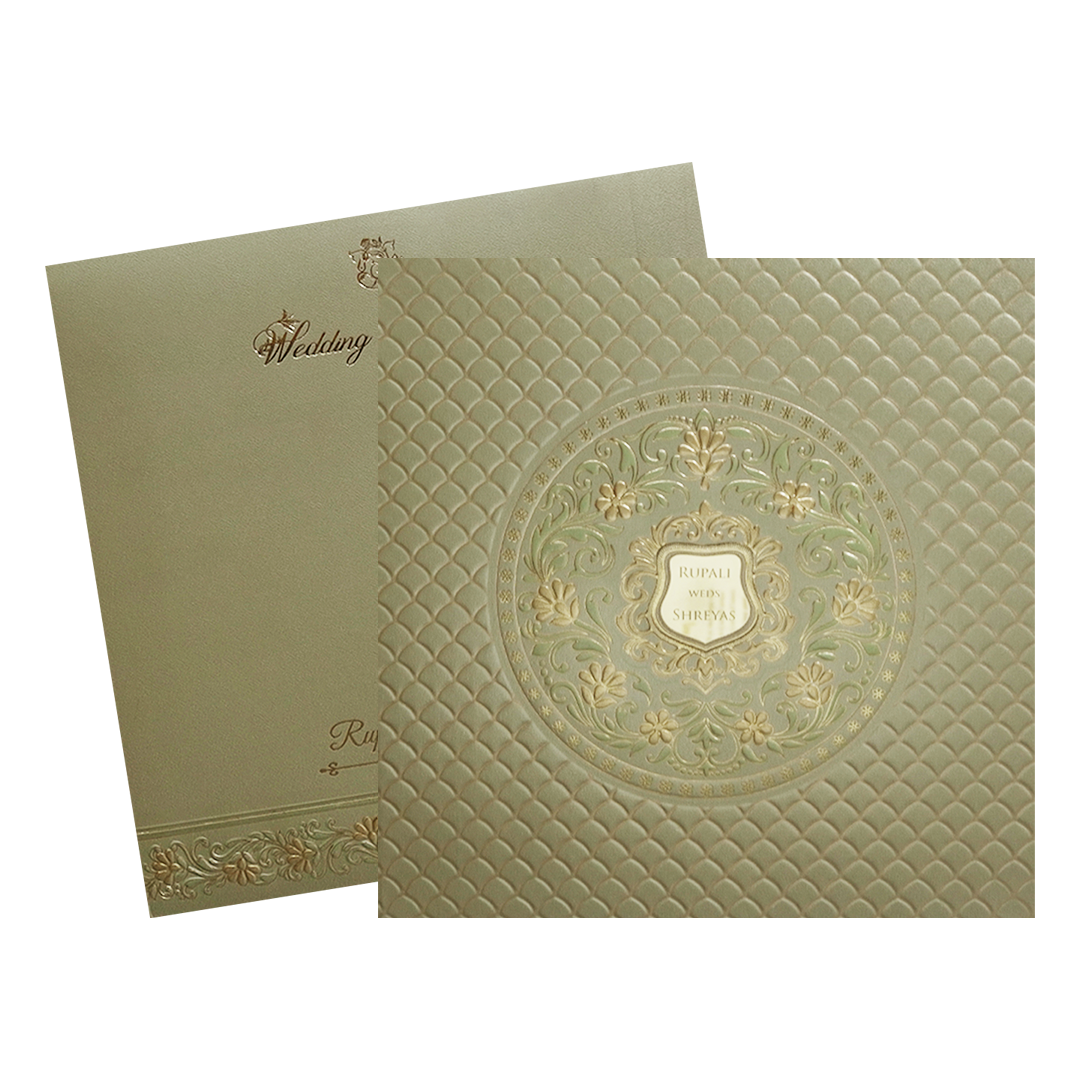 Beige Green Floral Padded Gold Embossed Wedding Card-KMMWD1103