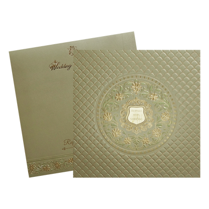 Beige Green Floral Padded Gold Embossed Wedding Card-KMMWD1103