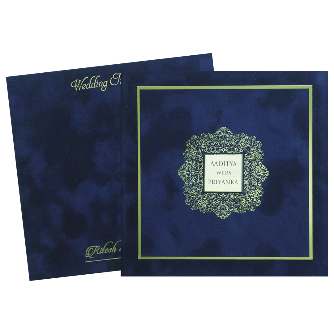 Royal Blue Velvet  Padded Square Wedding Card-KMMWD1151