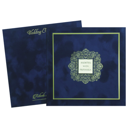 Royal Blue Velvet  Padded Square Wedding Card-KMMWD1151