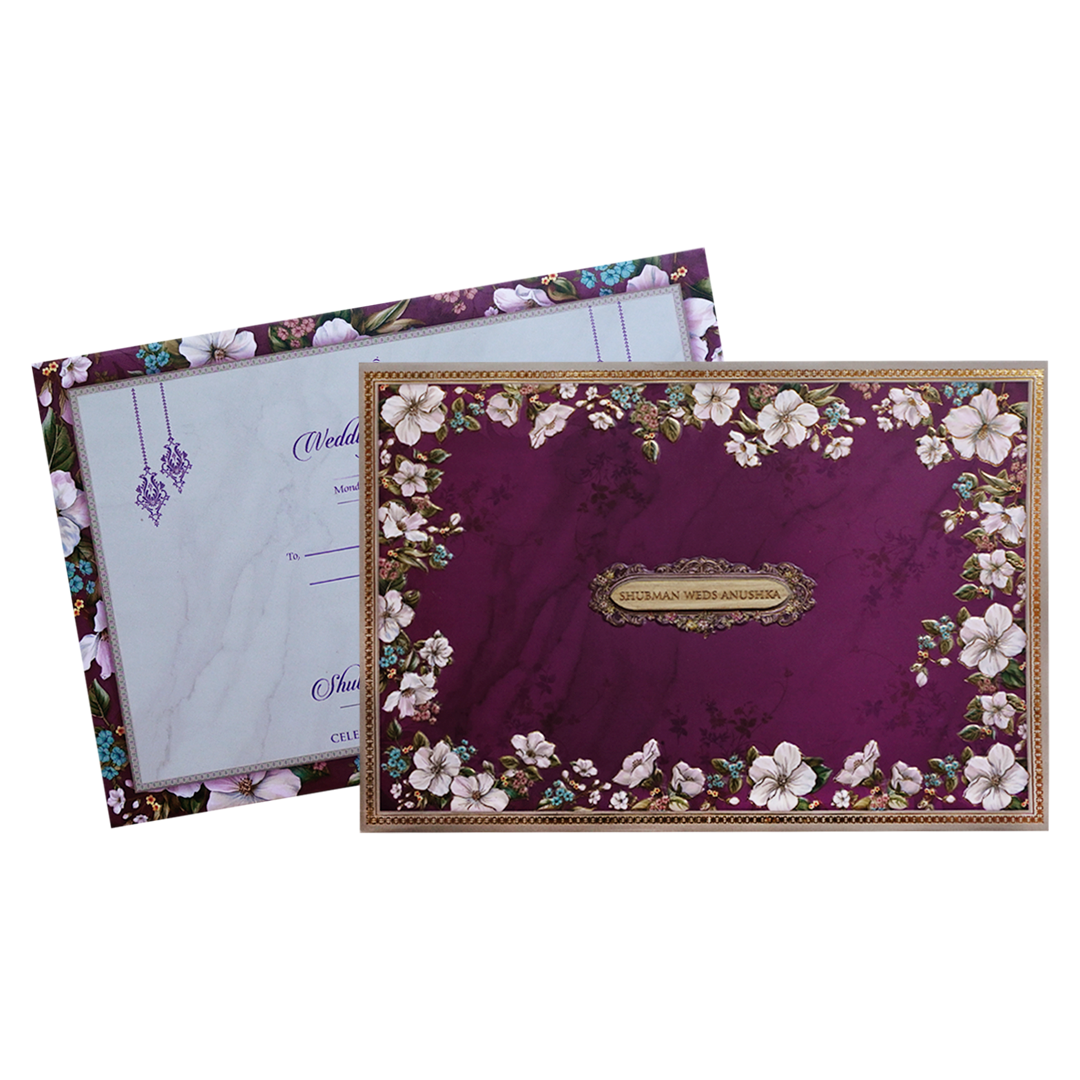 Purple Floral Padded Embossed Wedding Invitation Card-KRB09640
